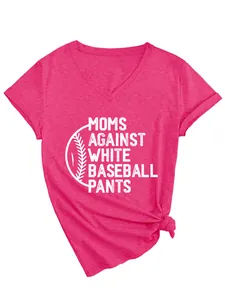 Detailed view of the pink V-neck T-shirt with MOMS AGAINST WHITE BASEBALL PANTS text