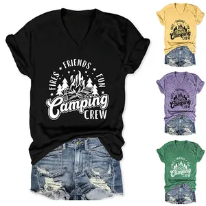 Detail view of stylish women's V-neck t-shirts with Camping Crew print in multiple colors