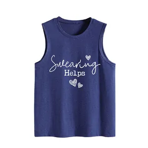 Close-up detail of navy blue tank top featuring Swearing Helps print with heart icons