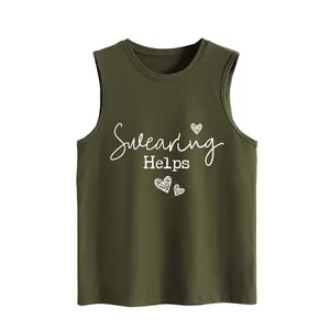 Detailed view of Swearing Helps print on a casual green sleeveless tank top for women