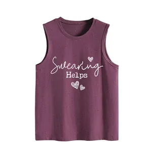 Detailed view of Swearing Helps artistic letter print on dark purple sleeveless tank top for women