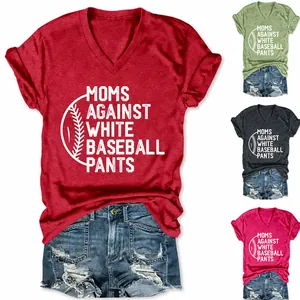 Women Casual V-Neck Short Sleeve Cotton T-Shirt Moms Against White Baseball Pants Printed Loose Fit Summer Tee Top