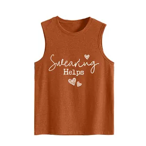 Close-up of rust orange women's sleeveless tank top with Swearing Helps heart print