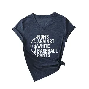 Women's navy V-neck T-shirt with Moms Against White Baseball Pants printed slogan