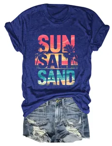 Maglietta blu da donna con grafica 'Sun Salt Sand' spiaggia e scollo rotondo per l'estate