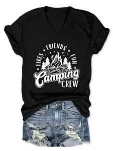 Detail of black v-neck t-shirt featuring white Fires Friends Fun Camping Crew print.