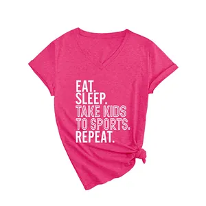 T-shirt décontracté pour femme rose fuchsia à col en V avec imprimé Eat Sleep Kids