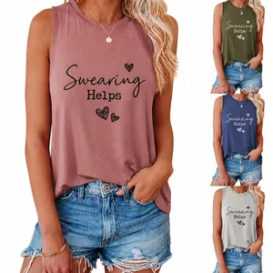 Women's Casual Cotton Sleeveless Tank Top Swearing Helps Letter Heart Print Round Neck Loose Long Top Fashion Clothing