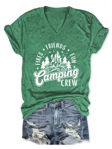 Detailed view of green heathered V-neck T-shirt with Camping Crew graphic design print