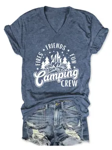 Detail showing the fabric texture and white Camping Crew print on a blue V-neck T-shirt