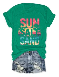 T-shirt verde girocollo con stampa grafica Sun Salt Sand e design estivo della spiaggia