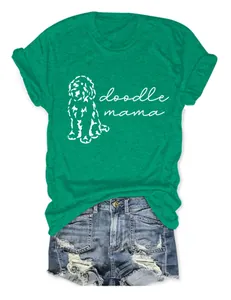 T-shirt vert pour femme avec imprimé doodle mama et motif de chien mignon et col rond