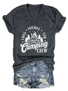 Macro detail of the Camping Crew graphic print on a dark grey women's V-neck T-shirt