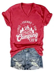 Women's stylish red V-neck T-shirt featuring a 'Camping Crew' graphic design