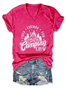 Stylish women's V-neck short sleeve T-shirt featuring a pink Camping Crew campfire graphic