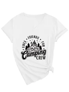 Detailed view of women's white V-neck T-shirt featuring a black Camping Crew graphic print