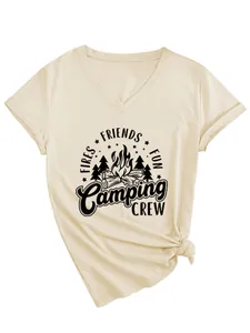 Detailed look at the fires friends fun camping crew graphic on women's V-neck tee