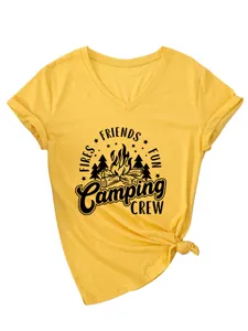 Detailed view of yellow V-neck t-shirt with Fires Friends Fun Camping Crew print