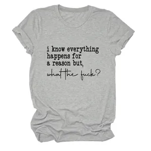 T-shirt gris décontracté pour femme avec col rond et citation amusante imprimée sur le devant