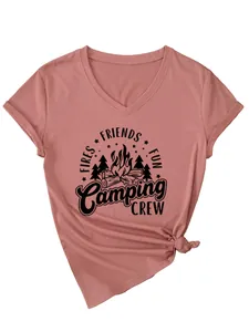 Close-up detail of dusty rose women's V-neck T-shirt with black Camping Crew graphic print