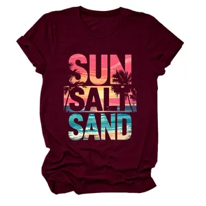 T-shirt da donna bordeaux a girocollo con stampa grafica Sun Salt Sand e tramonto