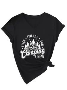 Close-up of black V-neck t-shirt with white Camping Crew campfire graphic print