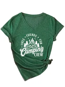 Close-up of green V-neck T-shirt with white Camping Crew campfire graphic print