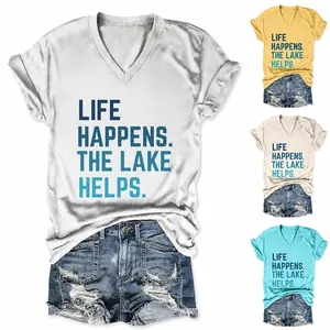 Dames Casual Katoenen V-hals T-shirt met Korte Mouwen Heathered Letterprint Top Zijknoop Life Happens Lake Helps Graphic Tee