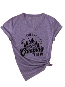 Detailed view of a women's purple V-neck T-shirt with a Camping Crew campfire graphic
