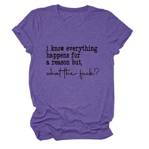 T-shirt décontracté pour femme à col rond et manches courtes avec slogan humoristique violet