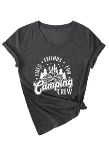 Detailed view of the camping crew graphic print on a charcoal V-neck tee
