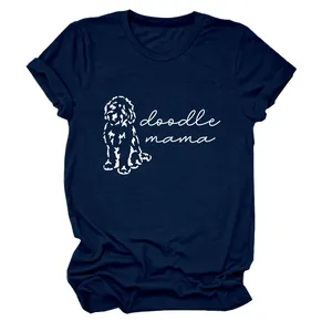 T-shirt femme bleu marine à col rond de haute qualité avec imprimé Doodle Mama blanc