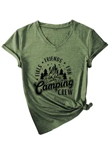 Detail of women's green V-neck T-shirt with Camping Crew graphic and knotted hem detail.