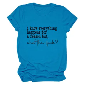T-shirt bleu en coton pour femmes avec un imprimé humoristique 'What the fuck' détail