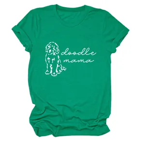 Vue détaillée du t-shirt en coton vert Doodle Mama pour femmes à manches courtes