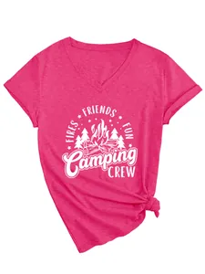 Close-up detail of the white Camping Crew campfire print on a pink V-neck cotton T-shirt