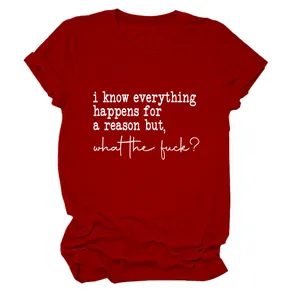 T-shirt rouge décontracté pour femmes à col rond avec impression de slogan anglais drôle
