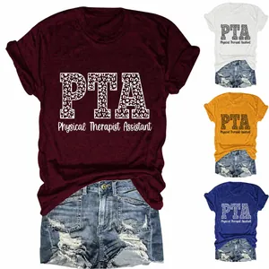 Camiseta de Manga Corta para Mujer Casual PTA Asistente de Fisioterapeuta con Estampado de Alfabeto de Leopardo Cuello Redondo