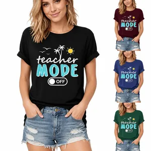 Camiseta Gráfica Teacher Mode Off para Mujer Casual de Manga Corta Cuello Redondo Top de Algodón Moda de Verano Impresión de Letras Mujer