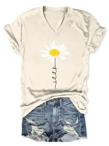 T-shirt beige pour femme à col en V avec motif de marguerite et lettrage cursif