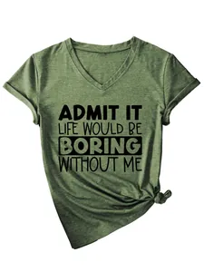 Λαδί γυναικείο μπλουζάκι V-neck με τύπωμα 'Admit It' και δέσιμο στο κάτω μέρος