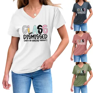 Detail of Women's V-neck T-shirts in four colors with Class Dismissed print design