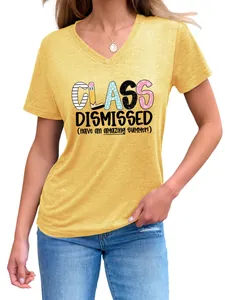 Detail shot of 'Class Dismissed' print on yellow women's V-neck T-shirt