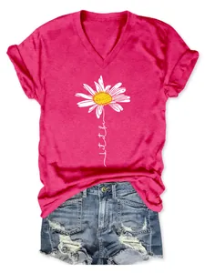 T-shirt fuchsia à manches courtes avec col en V et imprimé graphique marguerite blanche