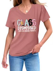 Women's V-neck T-shirt featuring Class Dismissed graphic print in mauve color