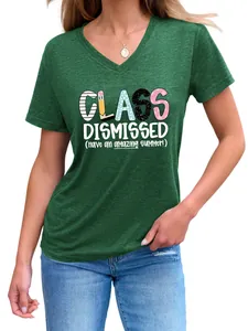 Detail showing the 'Class Dismissed' print on a green women's V-neck T-shirt