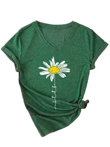 T-shirt vert col en V pour femme avec imprimé de marguerite blanche et texte let it be