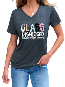 Detail view of a women's V-neck heather T-shirt with 'Class Dismissed' print.