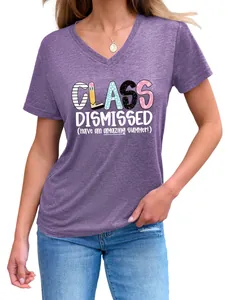 Soft purple V-neck T-shirt for women featuring a 'Class Dismissed' graphic print