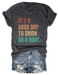 Damen T-Shirt in Grau meliert mit bunten Vintage-Slogan-Aufdruck zum Bootfahren